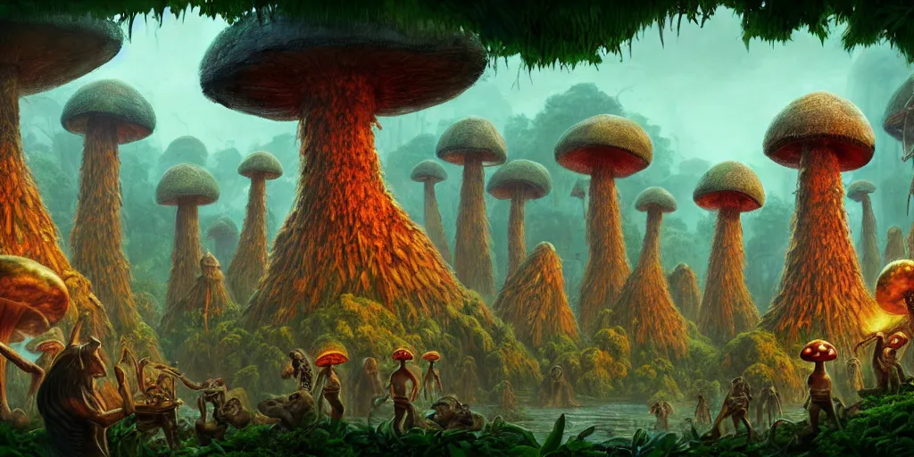 Prompt: a jungle village of ape - god worshippers and their giant mushroom dwellings, matte oil painting, retrofuturistic, science fantasy, salt, rust, polyps, mutant, lgbt, queer, rpg, epic, dungeons & dragons, sacred, sharp focus, award - winning, extremely detailed, 4 k, 8 k