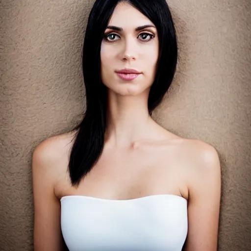 Image similar to raven haired seductive woman with stunning light eyes with a beautiful face, thin nose, fair skin, soft skin, long neck, wearing a tube top