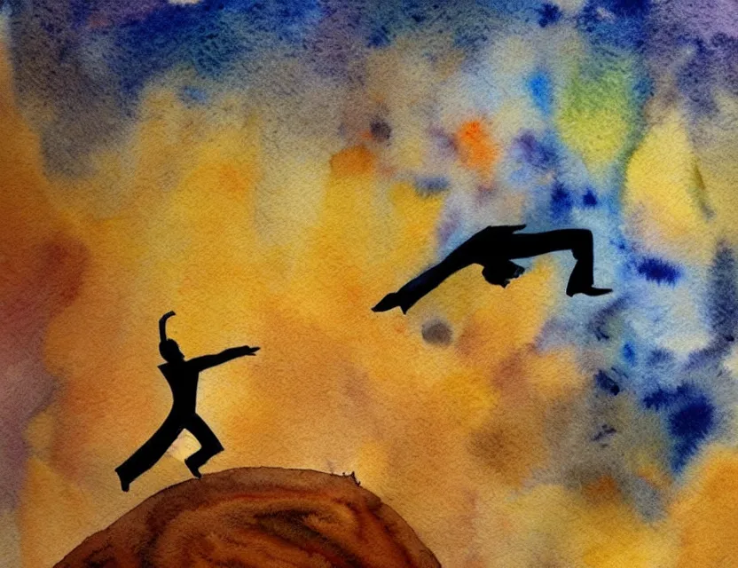 Image similar to small figure of a man dancing on top of planet earth, watercolor painting by an award winning comic artist has a beautiful composition and intricate details