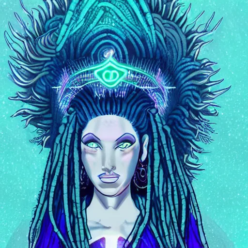 Image similar to princess intergalactica, nautical siren, queen of heaven, techno mystic goddess, with aqua neon dreadlocks, wearing haute couture, star - gate of futurisma,