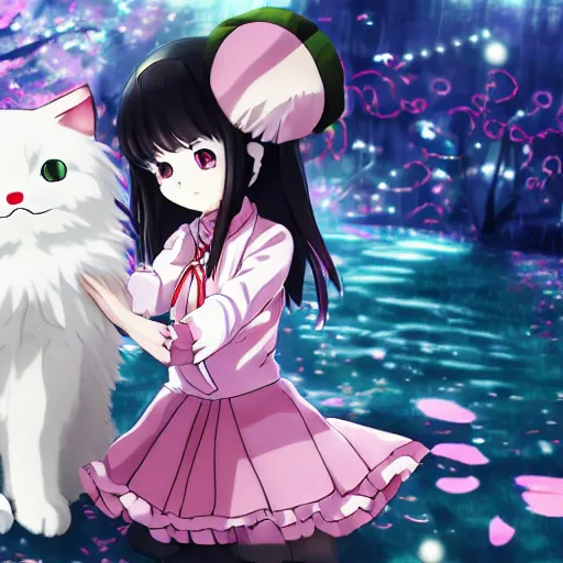 Image similar to anime key visual of a moe character girl, is petting a white ragdoll cat. from sanrio gensokyo as a moe anime girl, 4 k, hd, pixiv, wallpaper, official media | sanrio glitchcore yokai girl, shadowverse character concept, found footage horror, glitter gif