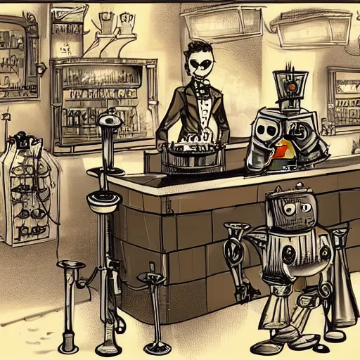 Prompt: a steampunk robot is at the bar and orders a drink from a (TY fluffy puppy) bartender, cgsociety.