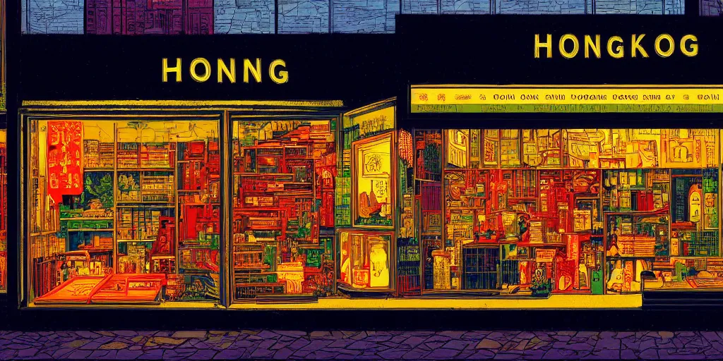 Image similar to a shop window in hong kong, by dan mumford and peter doig and edward hopper, minimal, black in, thick lines highly detailed, dramatic lighting, 8 k