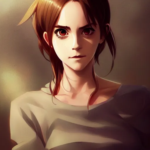 Image similar to anime portrait of emma watson as an anime girl by Stanley Artgerm Lau, WLOP, Rossdraws, James Jean, Andrei Riabovitchev, Marc Simonetti, and Sakimichan, trending on artstation