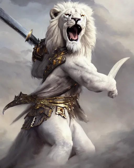 Prompt: oil painting of Anthropomorphized White Lion General in Battle, wearing fur cloak, sharp focus, holding Sabre, fantasy style, octane render, volumetric lighting, 8k high definition, by greg rutkowski, highly detailed, trending on art Station, magic the gathering artwork, Battlefield backround, centered