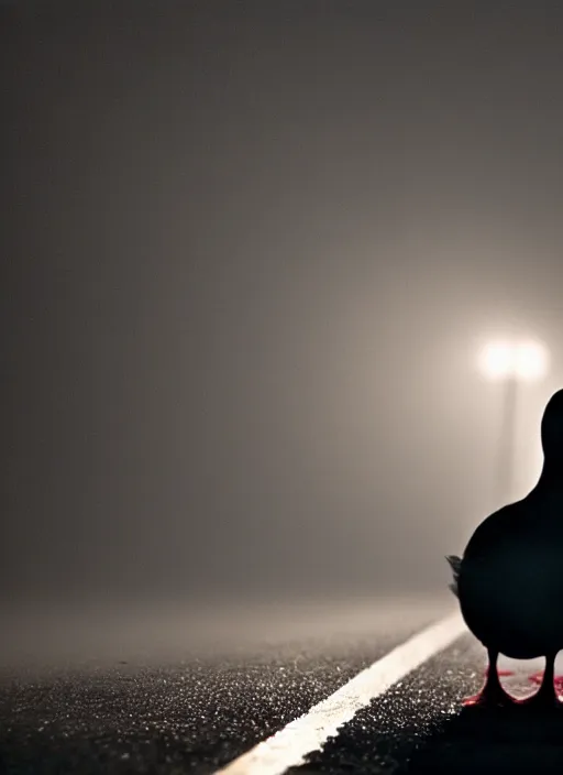 Image similar to close - up of a lonely duck under a street light, fog, still from a movie by bong joon - ho