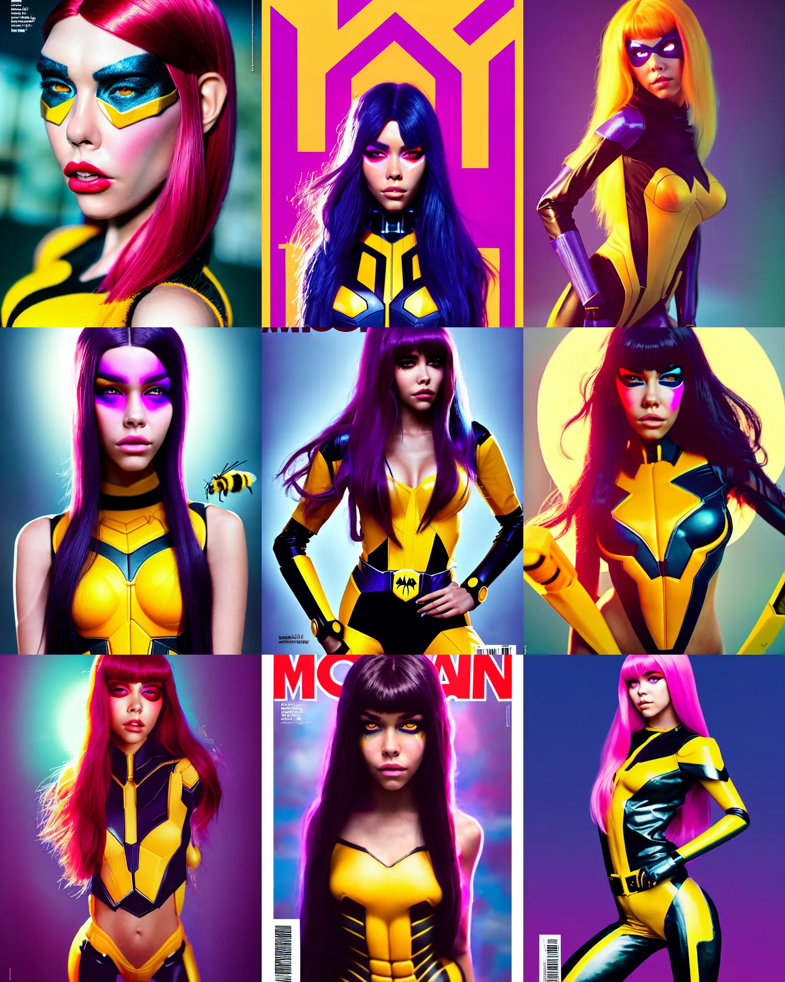 Prompt: magazine cover portrait photo of madison beer : : college woman : : as marvel hero bumblebee leeloo woman by weta : : by greg rutkowski, wlop, rossdraws, artgerm, pixar, marvel, colorful rave makeup, leeloo, unreal engine, glossy skin, pearlescent, shiny, 4 k, hdr, bright morning, : :