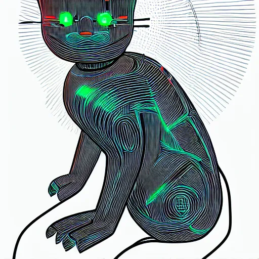 Image similar to a half robot cat wearing a hat, outlined by whirling illuminated neon lines, outrun, vaporware, shaded flat illustration, digital art, trending on artstation, highly detailed, fine detail, intricate