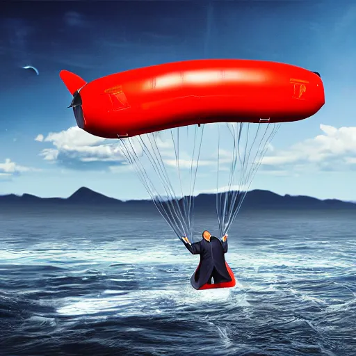 Prompt: donald trump flying in an inflatable boat, trending on artstation hq, taken by canon r 6, photorealistic