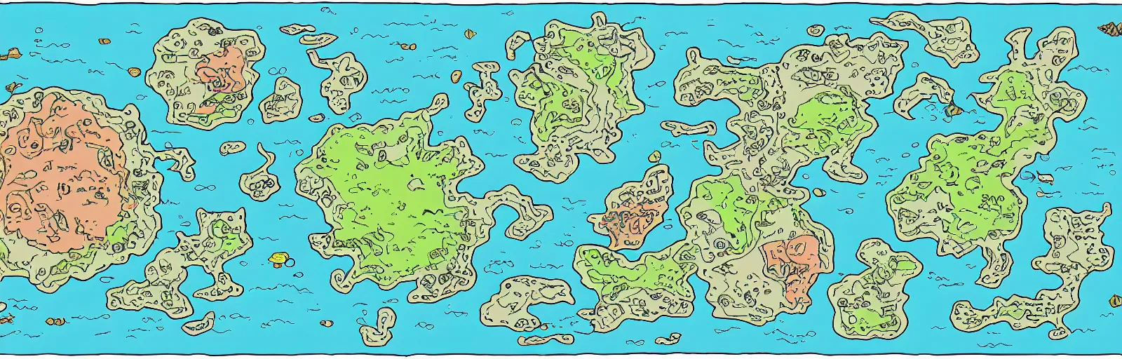 Image similar to a rpg map divided into colored regions surrounded by ocean, flat colors and strokes