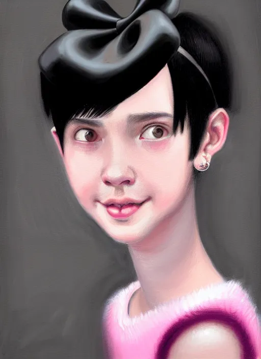 Image similar to portrait of teenage girl, realistic, black hair, bangs, half updo hairstyle, pointy nose, skinny, smile, ugly, defined jawline, big chin, pink hair bow, earrings, intricate, elegant, glowing lights, highly detailed, digital painting, artstation, sharp focus, illustration, art by wlop, mars ravelo and greg rutkowski