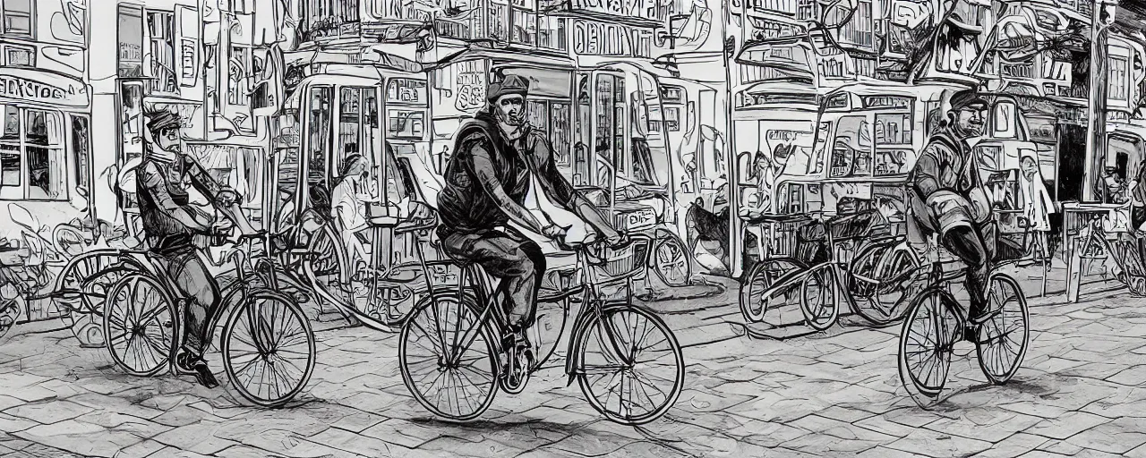 Image similar to beautiful detailed comic illustration of a uber eats delivery guy on a bicycle, colored