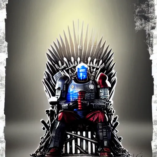 Image similar to optimus prime sitting on the iron throne, game of thrones, science fiction, artstation, pinterest, adobe photoshop