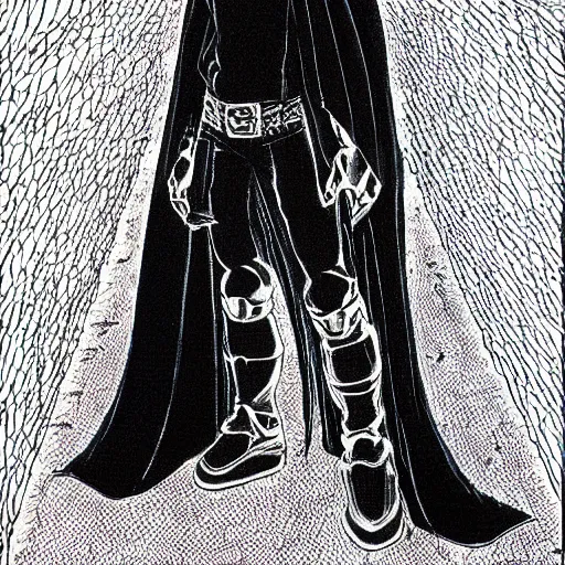 Prompt: a man wearing black jeans and a cape by kentaro miura