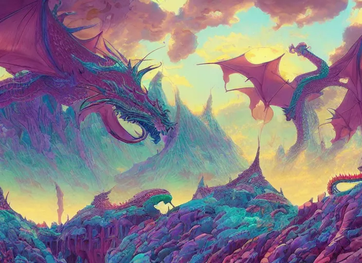 Image similar to psychedelic concept art of a dragon landscape made of thousands of dragons, cel shaded, in the style of makoto shinkai and moebius and peter mohrbacher and anton fadeev