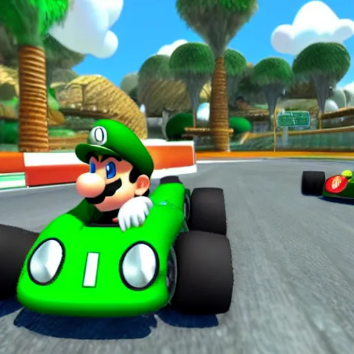 Prompt: Luigi driving a car in Mario Kart game, gameplay screenshot