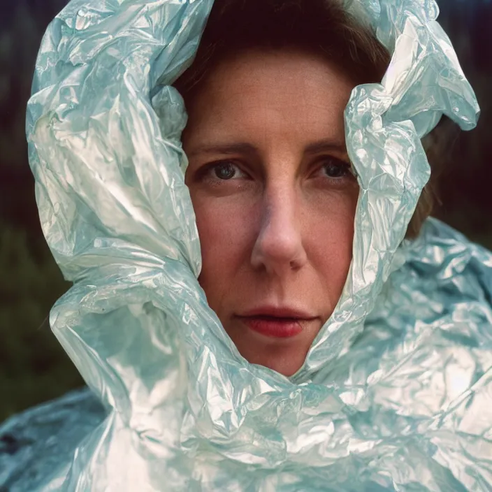 Image similar to a color photograph, closeup portrait of a woman wrapped in plastic, in grand teton national park in wyoming, color photograph, by vincent desiderio, canon eos c 3 0 0, ƒ 1. 8, 3 5 mm, 8 k, medium - format print