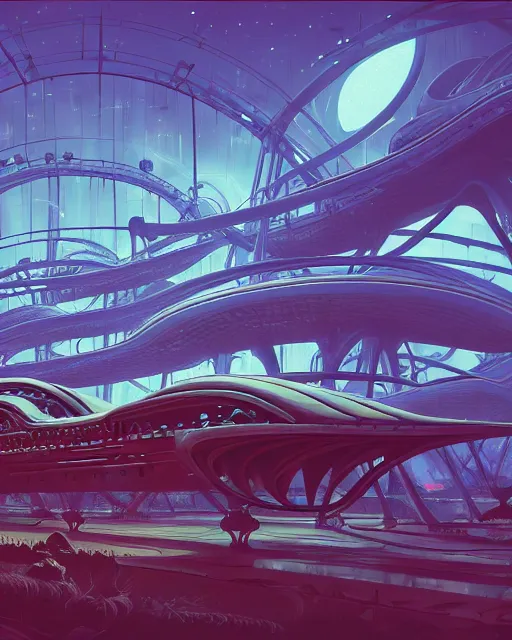Image similar to simplicity, a roller coaster made out of weird organic creatures, in the style of a streamlined asymmetrical spaceship, bleak apocalyptic environment, by dan mumford, yusuke murata, makoto shinkai, ross tran, cinematic, unreal engine, cel shaded, featured on artstation, pixiv