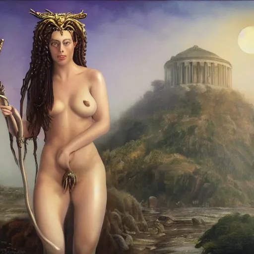 Image similar to Full body photo of the beautiful goddess Lana Rhoades as Medusa the greek goddess, she is looking straight to the camera, she has a glow coming from her, she is getting illuminated for rays of light, behind is a scary atmosphere, she is posing, the photo was taking by Annie Leibovitz, matte painting, oil painting, naturalism, 4k, 8k