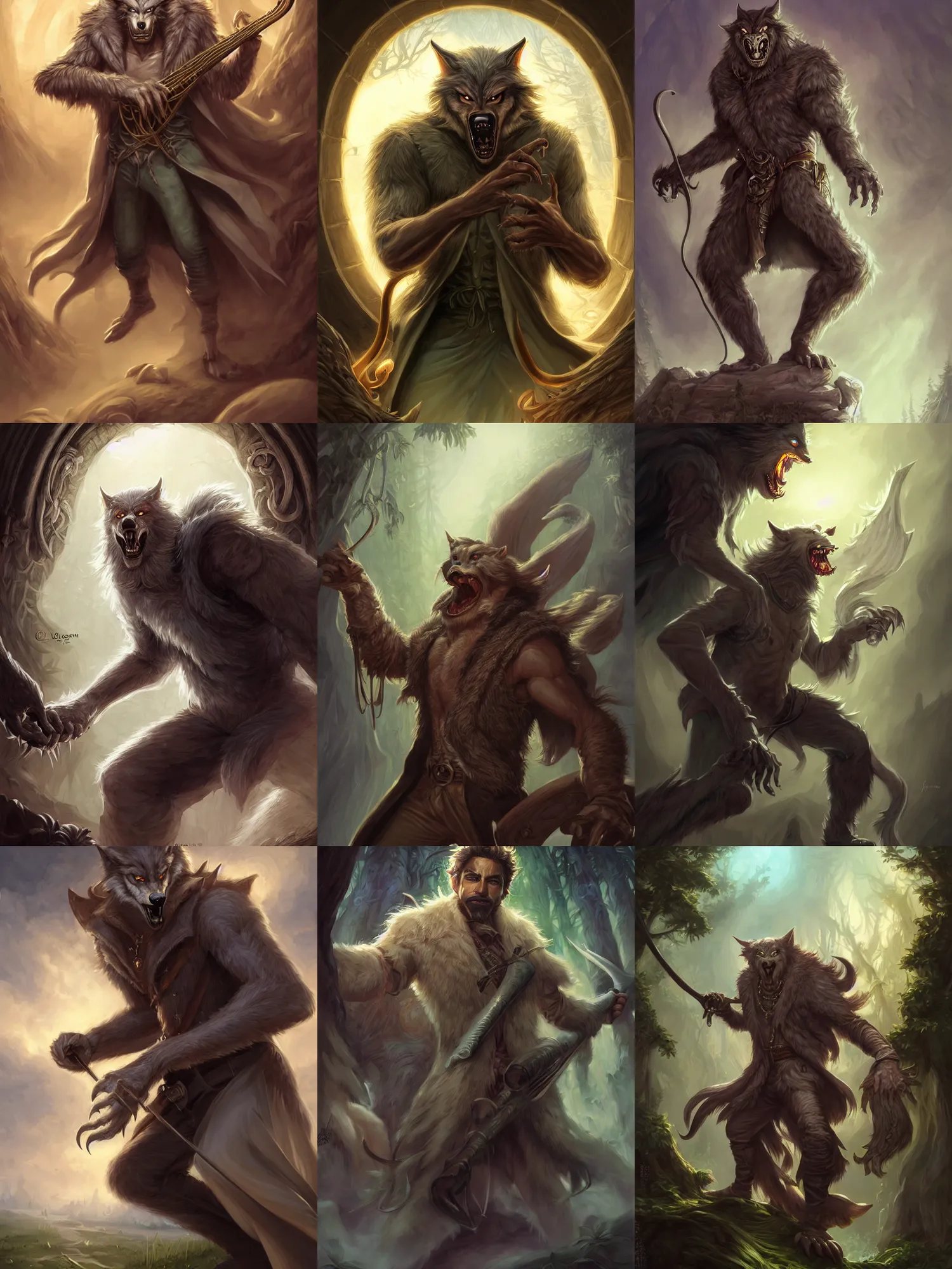 Prompt: picture of male werewolf bard, green trenchcoat, big harp, high fantasy, highly detailed, detailed faces, smooth, sharp focus, chiaroscuro, dnd, digital painting, concept art, rossdraws and moebius and jon mcnaughton