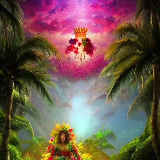 Image similar to Mother Nature with a crown made of flowers towering over a tropical island, Dramatic Lighting, Trending on Artstation HQ, 4K, UHD.