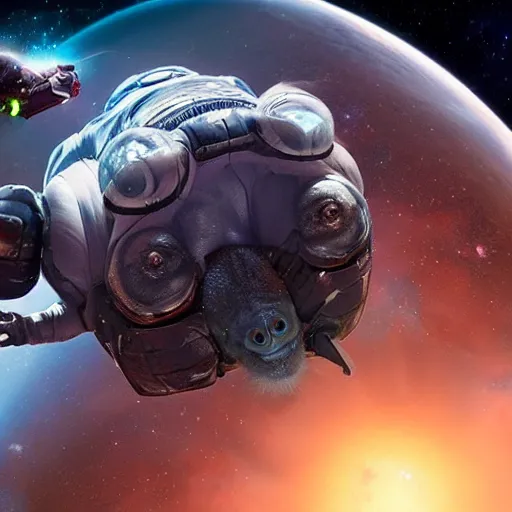 Image similar to seth rogen riding a tardigrade in space, 8 k, highly detailed, unreal engine render