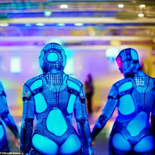 Prompt: love, diverse blue cybersuits, from behind, connection rituals, wide wide angle, vivid, elaborate, highly detailed, beautiful lighting