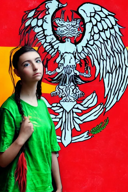 Prompt: cyberpunk girl in front of mexico flag in the style of remedios varo