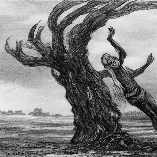 Prompt: The drawing shows a man caught in a storm, buffeted by wind and rain. He clings to a tree for support, but the tree is bent nearly double by the force of the storm. The man's clothing is soaked through and his hair is plastered to his head. His face is contorted with fear and effort. by William Trost Richards natural