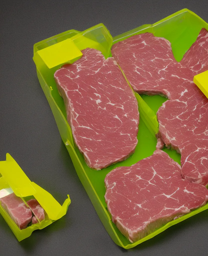 Prompt: uncooked meat, green pcb, yellow plexiglass box, 8 k