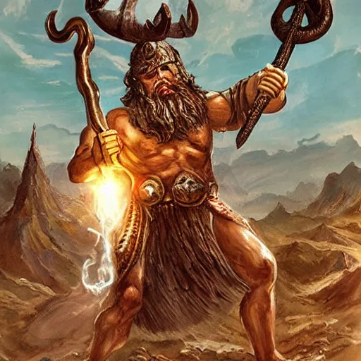 Image similar to a giant eldritch Viking deity holding a hammer