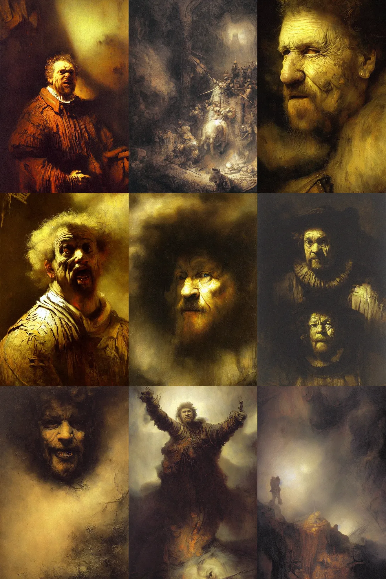 Prompt: the face of insanity lies in the ether, dramatic painting by rembrandt and john howe