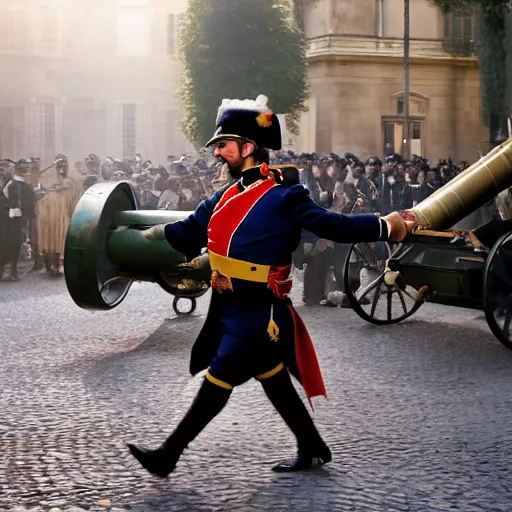 Prompt: portrait of emmanuel macron dressed as napoleon in a paris street dragging a cannon behind him, natural light, sharp, detailed face, magazine, press, photo, steve mccurry, david lazar, canon, nikon, focus