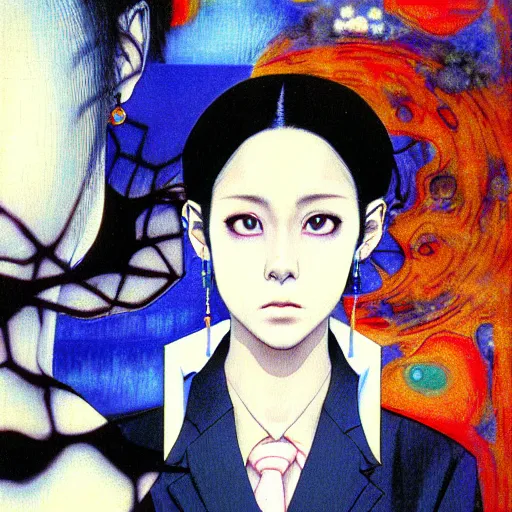 Prompt: vhs tape yoshitaka amano blurred and dreamy realistic three quarter angle horror portrait of a sinister young woman with short hair, big earrings and white eyes wearing office suit with tie, dark blue junji ito abstract patterns in the background, satoshi kon anime, noisy film grain effect, highly detailed, renaissance oil painting, weird portrait angle, blurred lost edges