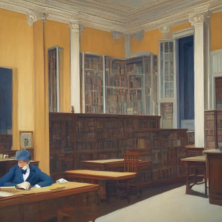 Prompt: George Peabody Library, Baltimore, painted by Edward Hopper, painted by James Gilleard, airbrush