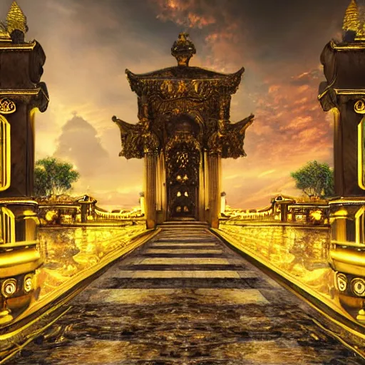 Image similar to a long path to the gates of heaven with glowing clouds, illuminated background with streets made of gold and architecture made of crystal, photorealism, 4 k