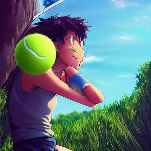 Prompt: tennis ball monster with weapons and uniform, serious, finely detailed, made by wlop, studio ghibli, artgerm, full body portrait, illustration, grass, sunny, sky, anime, side view, perfect anime face, detailed face, zoomed out, smooth,