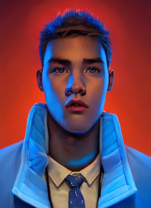 Image similar to portrait of high school senior boy named big moose, blonde short hair, jock, beefy, wide face, square jaw, square facial structure, blue varsity jacket with his name, intricate, elegant, glowing lights, highly detailed, digital painting, artstation, concept art, sharp focus, illustration, art by wlop, mars ravelo and greg rutkowski