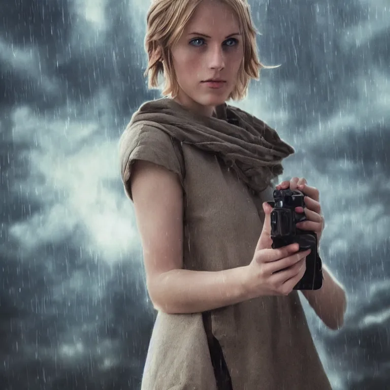 Prompt: cute annie leonhart holding taking a photo of luke skywalker wallpaper, beautiful face, pale skin, rule of thirds, cinematic lighting, rainy weather, melancholy atmosphere, volumetric light, realistic reflections, sharp focus, backlit, model agency, instagram photo, shot on iphone 1 3 pro max, hyper realistic,