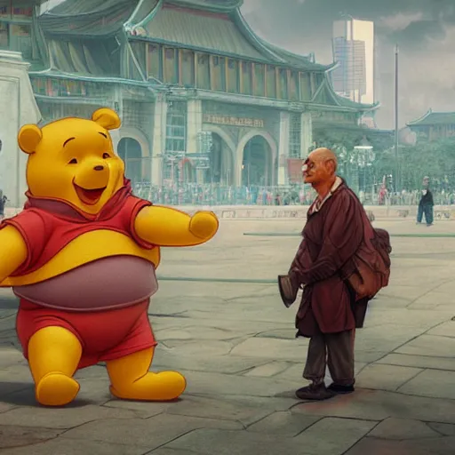 Prompt: screaming winnie the pooh having a tantrum in front of 5 9 式 at tiananman square, dystopian, highly detailed, photorealistic, octane render, 8 k, unreal engine. art by artgerm and greg rutkowski and alphonse mucha