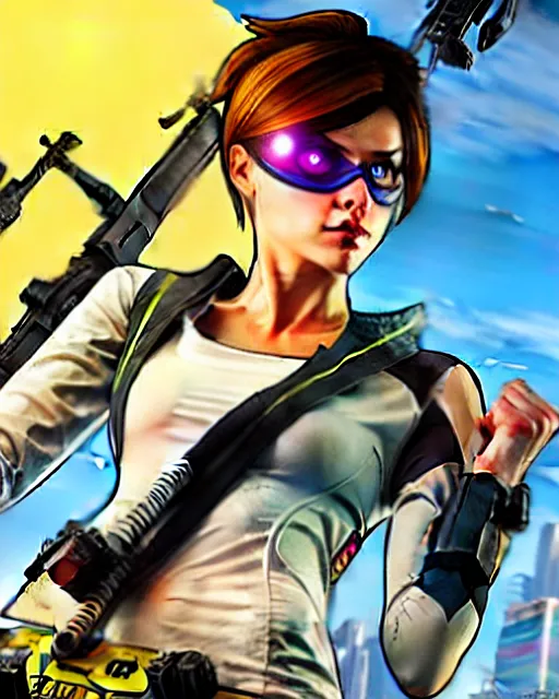 Image similar to gta 5, grand theft auto 5 cover art of tracer from overwatch