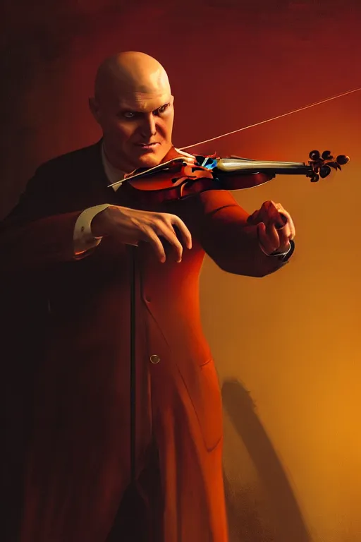 Image similar to an expressive portrait of agent 4 7 playing the violin in a monastery, dark background, red rim light, digital art, artstation, concept art by giger stalenhag