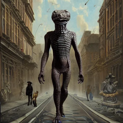 Image similar to humanoid reptilian man walks through the center of a city, extremely detailed oil painting, 1 9 2 0's colored pencil, highly detailed, highly accurate, deep aesthetic, 8 k, highly ornate intricate details, cinematic lighting, rich colors, beautiful scenic view, ray tracing, hyperrealistic, photorealistic, cinematic landscape, trending on artstation, concept art,