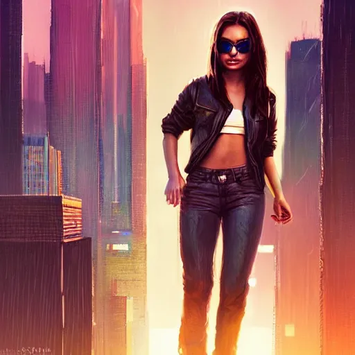 Prompt: portrait of a young mila kunis in front of a cyberpunk city, sunglasses, dramatic light, cyberpunk tech, city background, sunset, high contrast, sharp, painted by stanley lau, painted by greg rutkowski, painted by stanley artgerm, digital art, trending on artstation