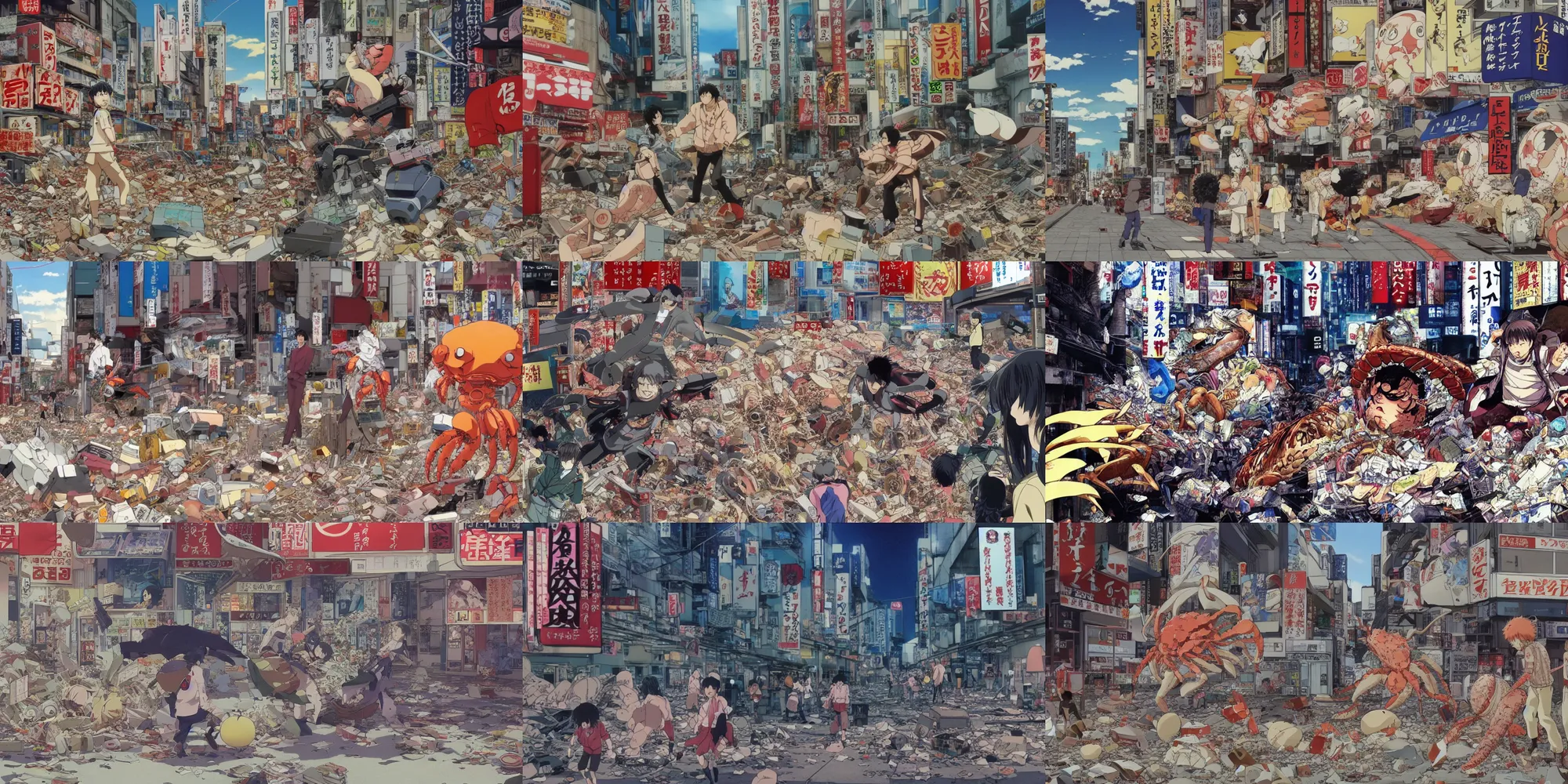 Prompt: katsuhiro otomo!!! anime!! movie screenshot robot!!!!! and giant crab fighting in the deserted shinjuku junk town