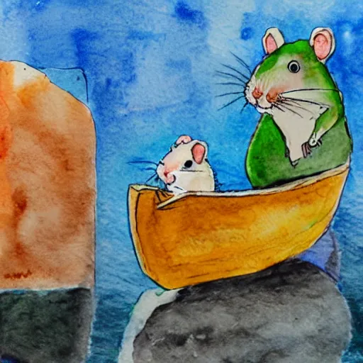 Image similar to A hamster made out of iron in a boat on a river, watercolors by 5 year old