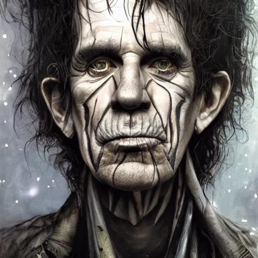 Prompt: stunning portrait of gaunt keith richards a ( the cure fan ) as dream from sandman, dim stars as eyes, by jeremy mann, by cedric peyravernay, by by russ mills, by richard avedon and ben templesmith, dramatic lightning, sadness, dark eye sockets, in the shadows, punk rock, gothic, high detailed, 8 k
