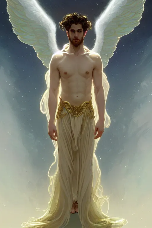 Prompt: full figure beautiful young fit male angel with curly blond hairs, dressed with fluent clothes, no feet, majestic wings, luminous halo, by greg rutkowski and alphonse mucha, d & d character, gradient white to gold, in front of an iridescent background, highly detailed portrait, digital painting, artstation, concept art, smooth, sharp focus illustration, artstation hq