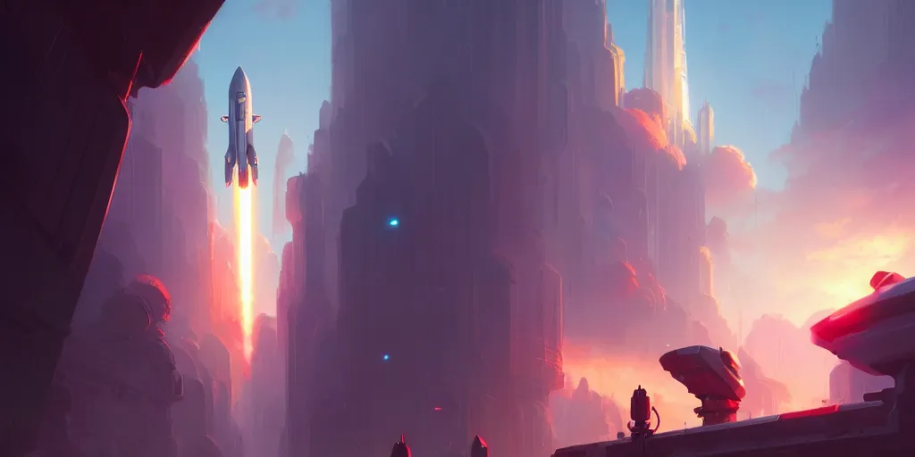 Image similar to Rocket lunch concept art, low angle, high detail, warm lighting, volumetric, godrays, vivid, beautiful, trending on artstation, by Jordan grimmer, art greg rutkowski