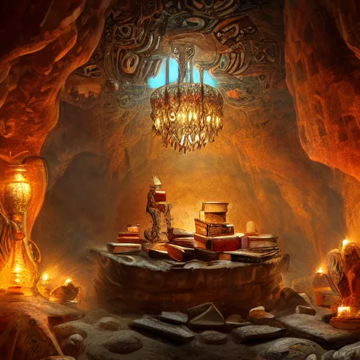 Prompt: epic view of an ancient dark byzantine cave interior, ornate oil lamp on a pile of crystals, books covered in jewels, ornate, surrounded by strange statues and treasure, full of sand and glitter, hyper real, Indiana Jones, Tomb Raider, trending on artstation, concept art, cinematic, jewels, by Jordan Grimmer